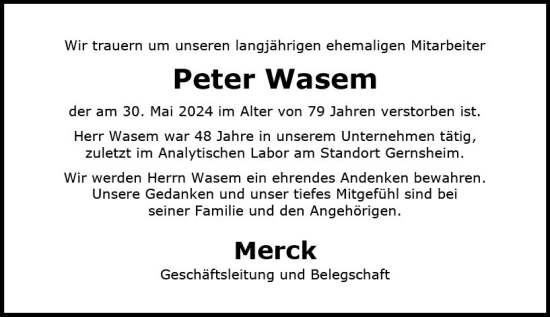 Traueranzeige von Peter Wasem von Groß-Gerauer Echo