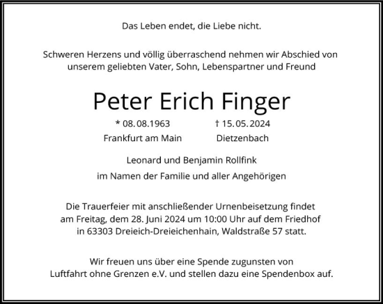 Traueranzeige von Peter Erich Finger von Darmstädter Echo