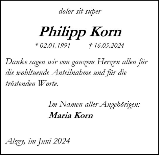 Traueranzeige von Philipp Korn von Allgemeine Zeitung Alzey