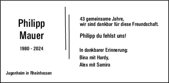 Traueranzeige von Philipp Mauer von Allgemeine Zeitung Mainz