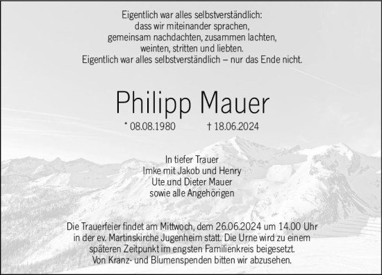 Traueranzeige von Philipp Mauer von Allgemeine Zeitung Mainz