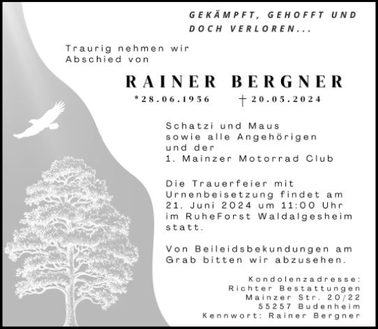 Traueranzeige von Rainer Bergner von Allgemeine Zeitung Mainz