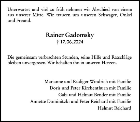 Traueranzeige von Rainer Gadomsky von Allgemeine Zeitung Mainz