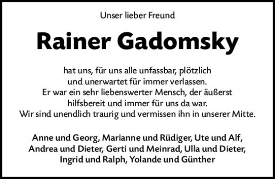 Traueranzeige von Rainer Gadomsky von Allgemeine Zeitung Mainz