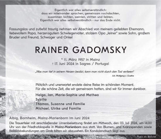Traueranzeige von Rainer Gadomsky von Allgemeine Zeitung Alzey