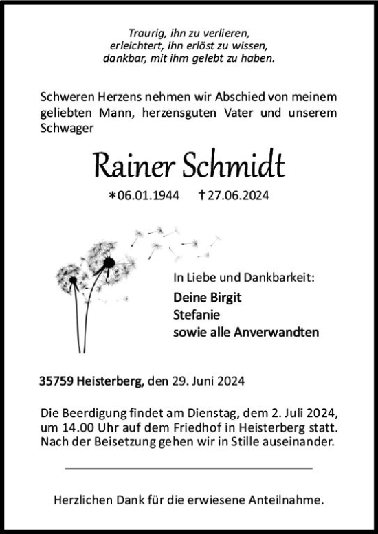 Traueranzeige von Rainer Schmidt von Dill Block