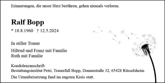 Traueranzeige von Ralf Bopp von Rüsselsheimer Echo