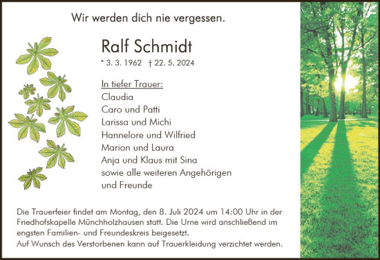 Traueranzeige von Ralf Schmidt von Wetzlarer Neue Zeitung