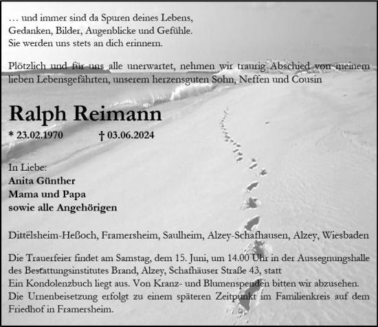 Traueranzeige von Ralph Reimann von Allgemeine Zeitung Alzey