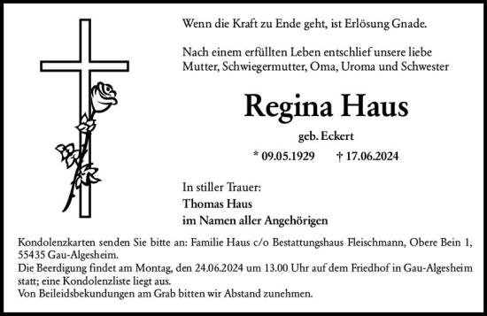 Traueranzeige von Regina Haus von Allgemeine Zeitung Bingen/Ingelheim