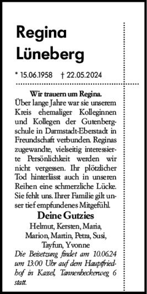 Traueranzeige von Regina Lüneberg von Darmstädter Echo