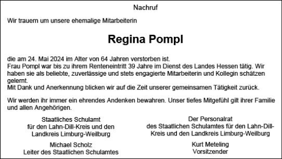Traueranzeige von Regina Pompl von Wetzlarer Neue Zeitung