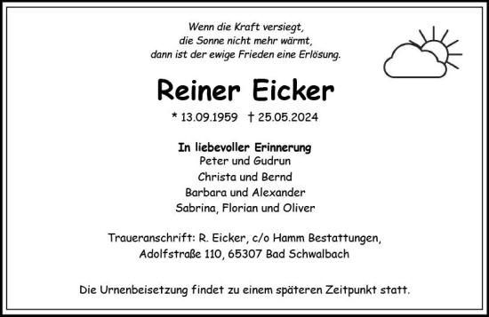 Traueranzeige von Reiner Eicker von Wiesbadener Kurier