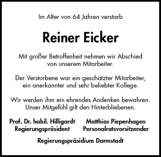 Traueranzeige von Reiner Eicker von Wiesbadener Kurier