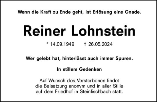 Traueranzeige von Reiner Lohnstein von Camberger Anzeiger