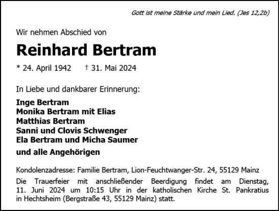 Traueranzeige von Reinhard Bartram von Allgemeine Zeitung Mainz