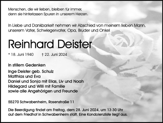 Traueranzeige von Reinhard Deister von Allgemeine Zeitung Bingen/Ingelheim