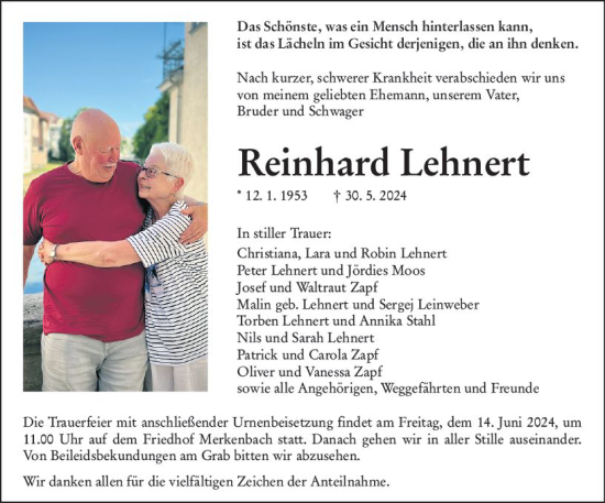 Traueranzeige von Reinhard Lehnert von Dill Block