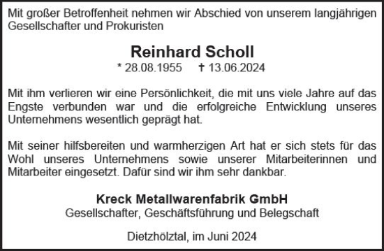 Traueranzeige von Reinhard Scholl von Dill Block