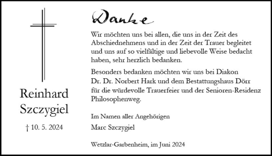 Traueranzeige von Reinhard Szczygiel von Wetzlarer Neue Zeitung