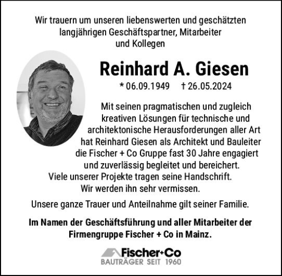Traueranzeige von Reinhard A. Giesen von Allgemeine Zeitung Mainz