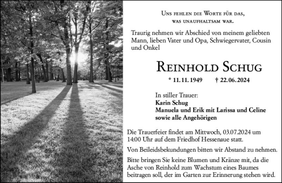Traueranzeige von Reinhold Schug von Groß-Gerauer Echo