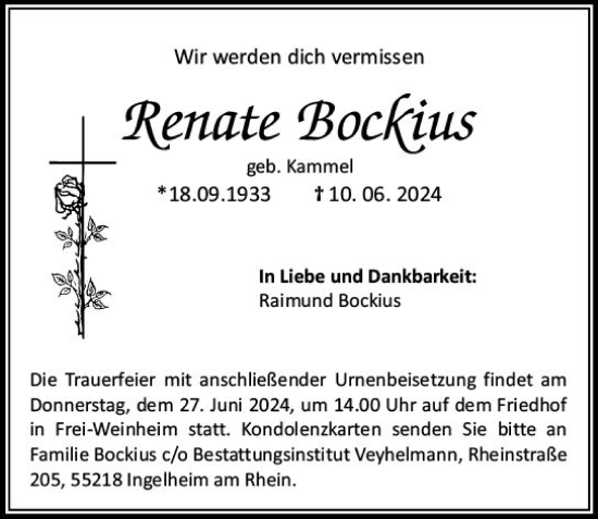 Traueranzeige von Renate Bockius von Allgemeine Zeitung Bingen/Ingelheim