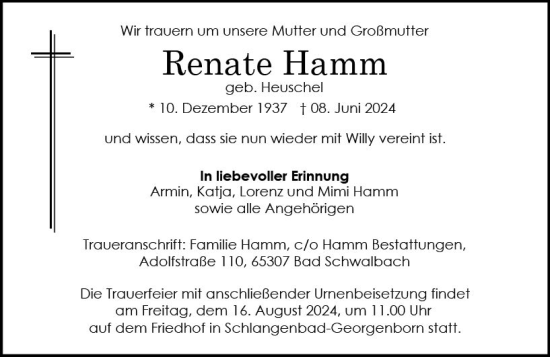 Traueranzeige von Renate Hamm von Wiesbadener Kurier