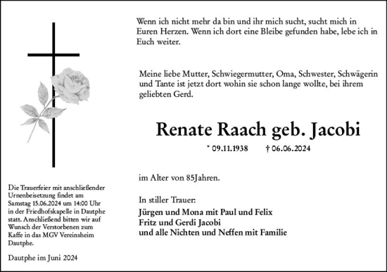 Traueranzeige von Renate Raach von Hinterländer Anzeiger