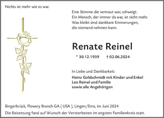 Traueranzeige von Renate Reinel von Allgemeine Zeitung Bingen/Ingelheim