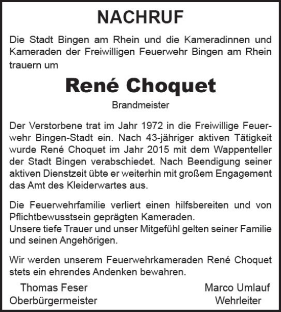 Traueranzeige von René Choquet von Allgemeine Zeitung Bingen/Ingelheim