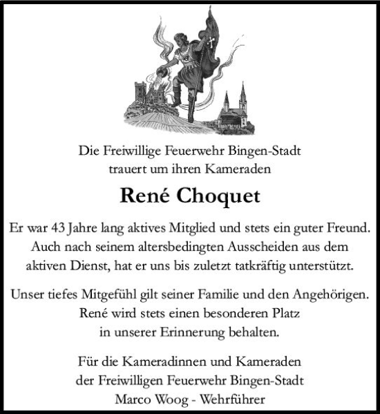 Traueranzeige von René Choquet von Allgemeine Zeitung Bingen/Ingelheim