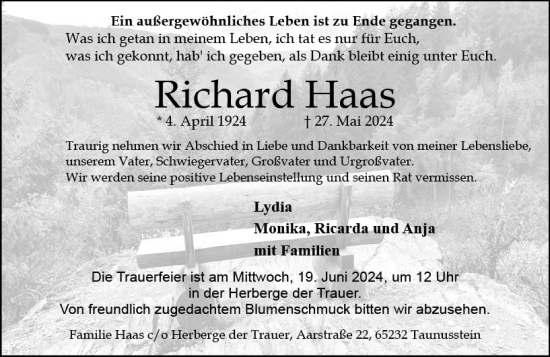 Traueranzeige von Richard Haas von Wiesbadener Kurier