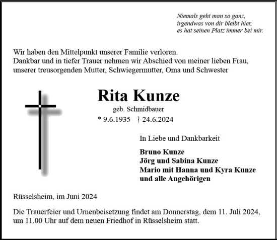Traueranzeige von Rita Kunze von Rüsselsheimer Echo