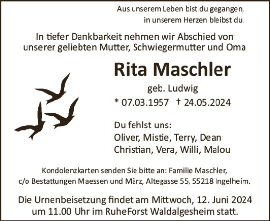 Traueranzeige von Rita Maschler von Allgemeine Zeitung Bingen/Ingelheim