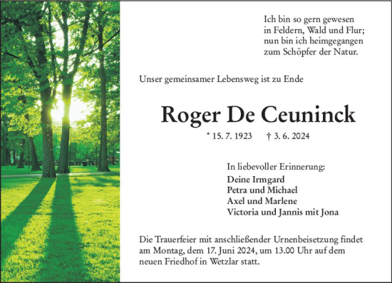 Traueranzeige von Roger De Ceuninck von Wetzlarer Neue Zeitung