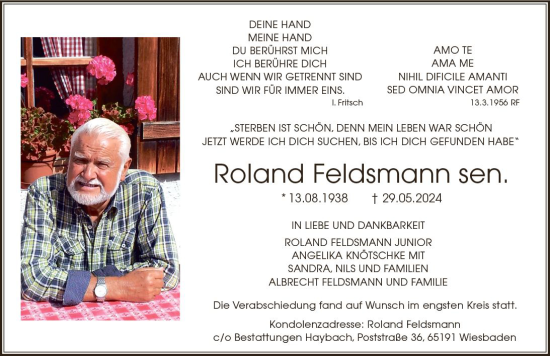 Traueranzeige von Roland Feldsmann von Wiesbadener Kurier