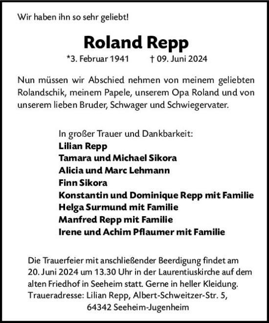 Traueranzeige von Roland Repp von Darmstädter Echo