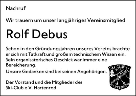 Traueranzeige von Rolf Debus von Hinterländer Anzeiger