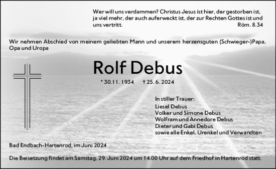 Traueranzeige von Rolf Debus von Hinterländer Anzeiger