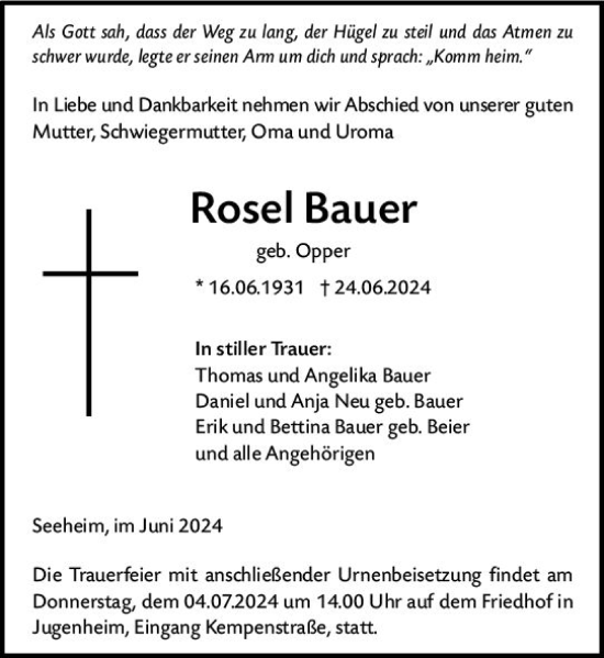 Traueranzeige von Rosel Bauer von Darmstädter Echo
