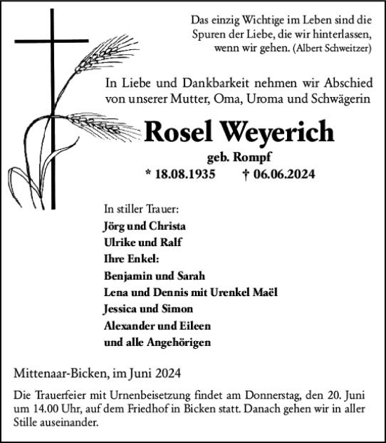Traueranzeige von Rosel Weyerich von Dill Block