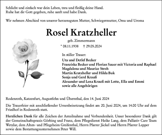 Traueranzeige von Rosel Kratzheller von Dill Block