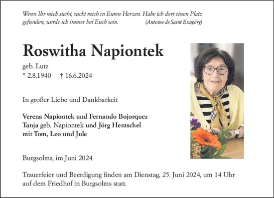 Traueranzeige von Roswitha Napiontek von Wetzlarer Neue Zeitung