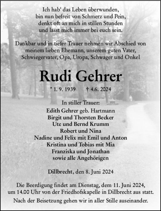 Traueranzeige von Rudi Gehrer von Dill Block