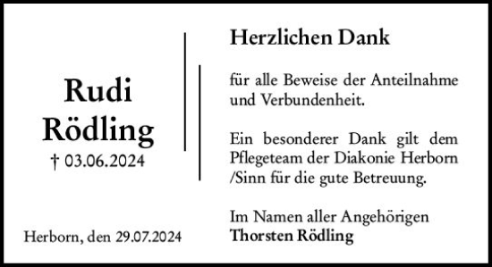 Traueranzeige von Rudi Rödling von Dill Block