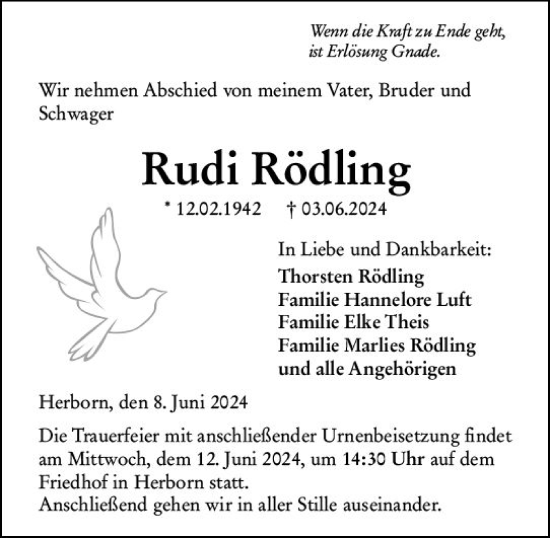 Traueranzeige von Rudi Rödling von Dill Block