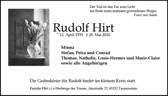 Traueranzeige von Rudolf Hirt von Wiesbadener Kurier