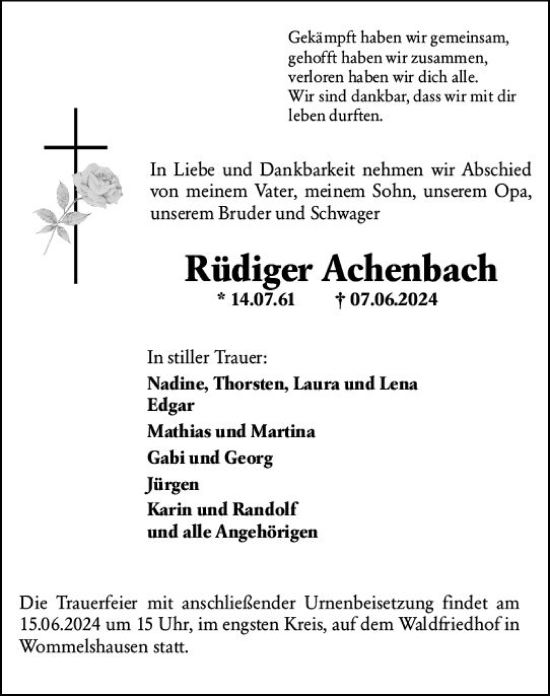 Traueranzeige von Rüdiger Achenbach von Hinterländer Anzeiger