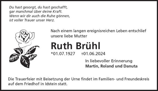 Traueranzeige von Ruth Brühl von Idsteiner Land/Untertaunus